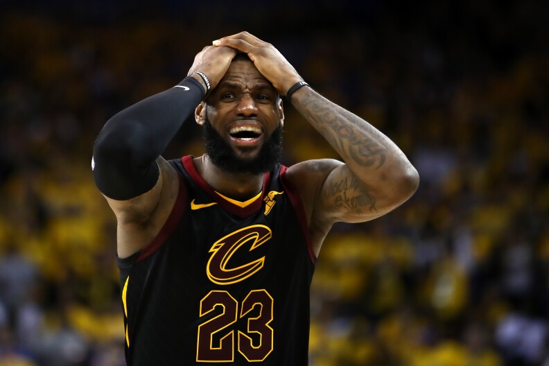 OAKLAND, CA - MAY 31:  LeBron James #23 of the Cleveland Cavaliers reacts against the Golden State Warriors in Game 1 of the 2018 NBA Finals at ORACLE Arena on May 31, 2018 in Oakland, California. NOTE TO USER: User expressly acknowledges and agrees that, by downloading and or using this photograph, User is consenting to the terms and conditions of the Getty Images License Agreement.  (Photo by Ezra Shaw/Getty Images)