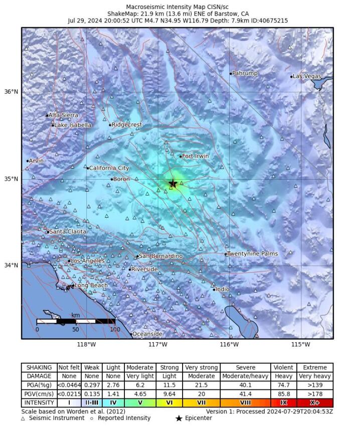 A map showing the intensity of earthquake shaking throughout Southern California.