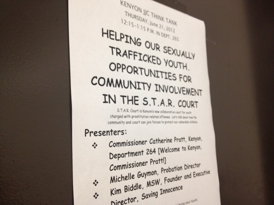 This flyers hangs on the door at the L.A. Superior juvenile courtroom in Compton. Through a grant, a new courtroom has been dedicated to teenagers caught up in sex trafficking.