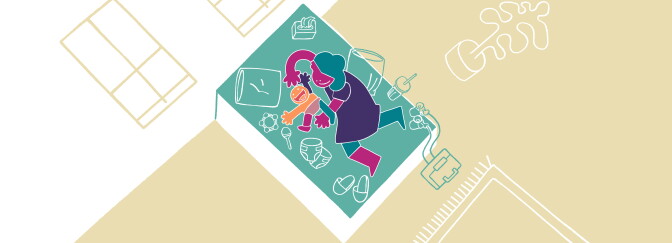 An overview of an illustrated shows a person with an infant and various supplies.