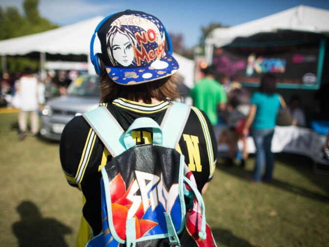 Kayla Colburn, 23, of San Diego wore a hat and backpack she decorated herself to the KCON convention at the Verizon Ampitheatre.