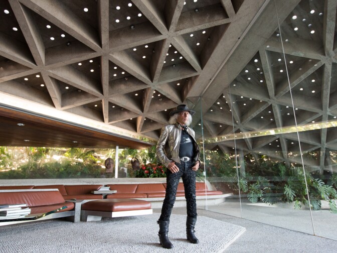 James Goldstein in his John Lautner designed home. Goldstein attends 95% of all the Lakers and Clippers games in Los Angeles.