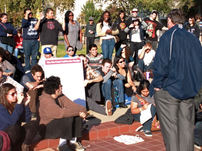 UC Riverside Chancellor Timothy White addresses students during campus Occupy rally on Monday.