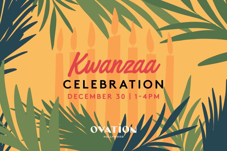 A stylized flyer with a yellow background and the words 'Kwanzaa Celebration' over an illustration of
Mishumaa Saba and a border of leaf drawings.