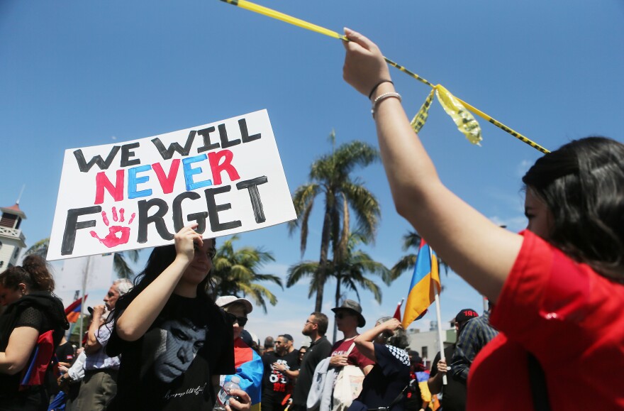 LOS ANGELES, CA - APRIL 24:  Demonstrators march towards the Turkish Consulate during a rally commemorating the 103rd anniversary of the Armenian genocide on April 24, 2018 in Los Angeles, California. Thousands of demonstrators, many of whom are Armenian-Americans, attended the rally. Los Angeles holds the largest number of Armenians in the world outside of Armenia.  (Photo by Mario Tama/Getty Images)