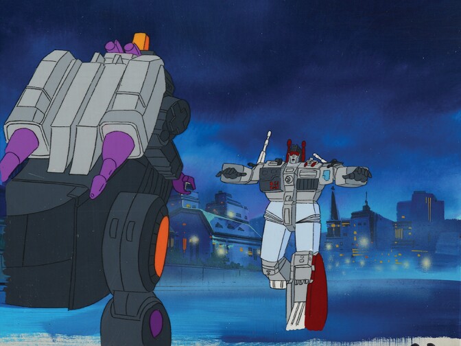 Trypticon v. Menasor production cel on production background with matchIng production drawIng from "Transformers" episode "Thief in the Night."