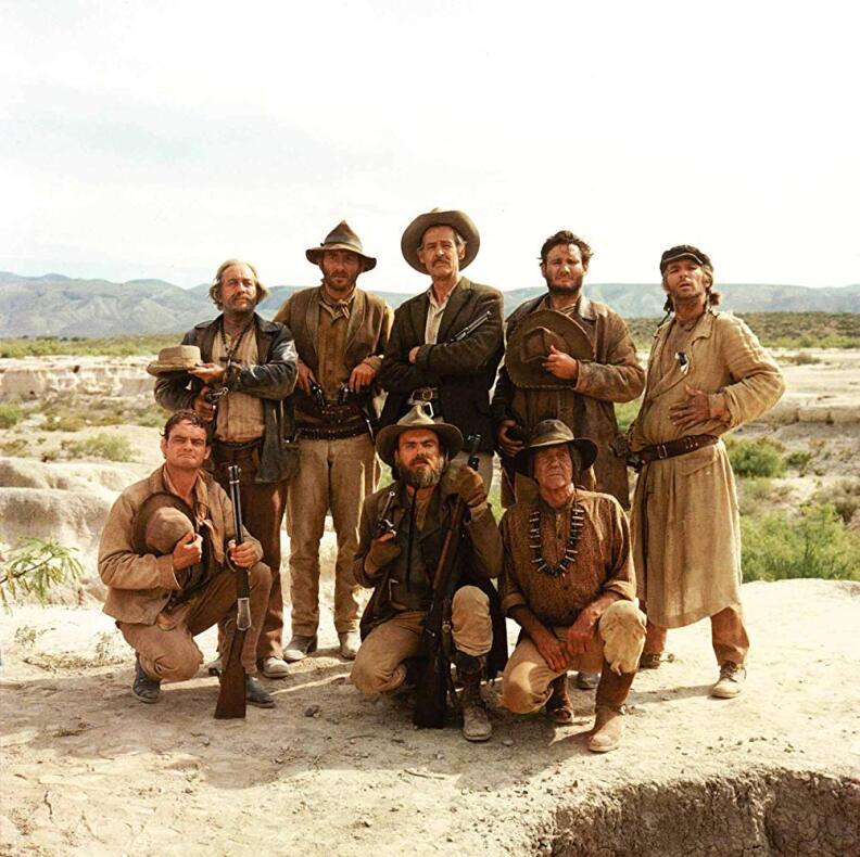 Strother Martin, Paul Harper, Bill Hart, L.Q. Jones, and Robert Ryan star in "The Wild Bunch"