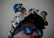 LOS ANGELES, CA - APRIL 6:  Ray Velazquez, 44, of Lucerne Valley shows his love and obsession with the Dodgers as he arrives for opening day against the San Diego Padres at Dodger Stadium April 6, 2015 in Los Angeles, California. (Photo by Robert Gauthier/Los Angeles Times via Getty Images)