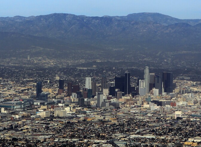 An aerial view of Los Angeles. According to an LA Times analysis, more than 1,000 aging buildings in LA County could be at risk of falling in a major earthquake.