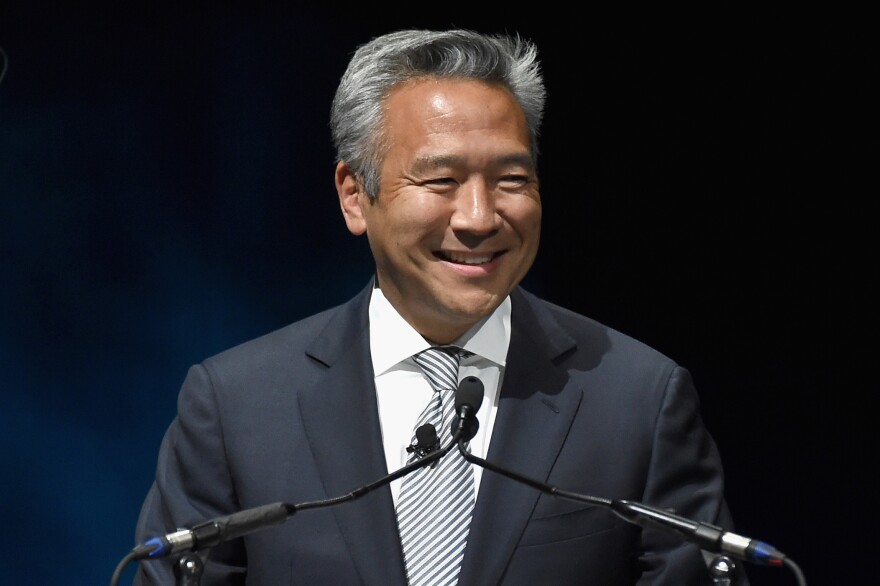 Kevin Tsujihara, then CEO of Warner Bros. Entertainment Inc., speaks at Warner Bros. Pictures' The Big Picture, an Exclusive Presentation Highlighting the Summer of 2015 and Beyond at The Colosseum at Caesars Palace in Las Vegas during CinemaCon.