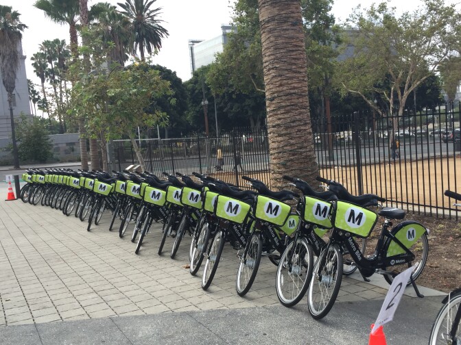 Bicycles are lined up in downtown Los Angeles before the launch of the Metropolitan Transportation Authority bike share program on July 7, 2016.