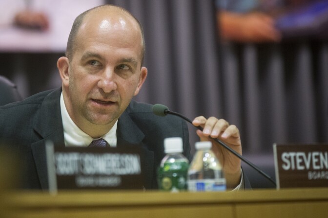 Los Angeles Unified's newly elected school board president, Steve Zimmer, speaks during a board meeting on July 1, 2015 at LAUSD headquarters.