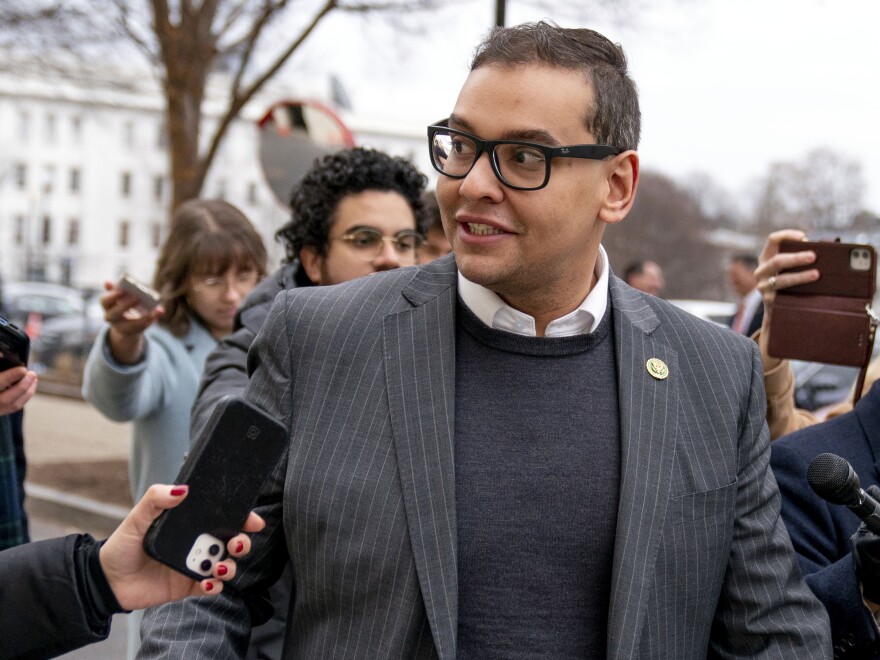 U.S. Rep. George Santos, R-N.Y., leaves a House GOP conference meeting on Capitol Hill in Washington, Jan. 25, 2023.