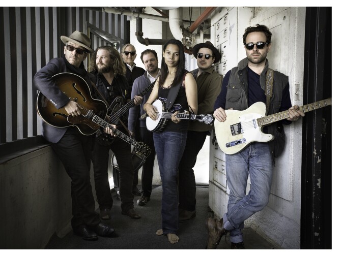 Elvis Costello, Jim James,T Bone Burnett, Jay Bellerose, Rhiannon Giddens, Marcus Mumford and Taylor Goldsmith in LOST SONGS: THE BASEMENT TAPES CONTINUED. Photo - Sam Jones/Courtesy of SHOWTIME