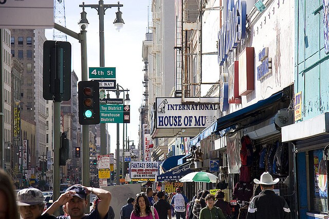 The intersection of Broadway and 4th street in downtown Los Angeles' Historic Core neighborhood.