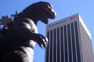 Godzilla eschews Hollywood's red carpet, deciding instead to make a withdrawal from his downtown bank account. (Credit: John Rabe)