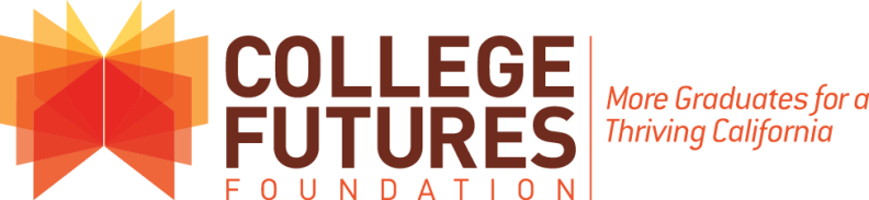 A logo that appears to be a reddish-orange book standing upright with its pages splayed out. The main text in the center reads, "College Futures Foundation." On the right, the text reads, "More Graduates for a Thriving California."