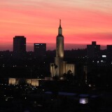 The Church of Jesus Christ of Latter-Day Saints in Los Angeles at sunset.