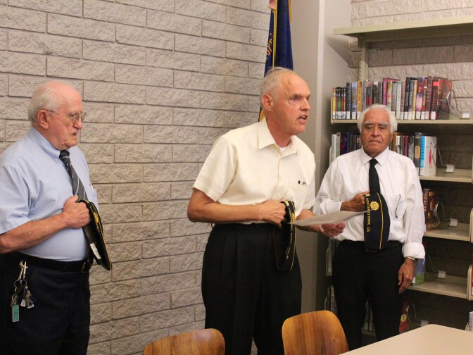 (From l. to r.) Post 397 members Louie Morales, Tom McCready and Rudy Alviso open a veterans recognition event at a library in Monterey Park.
