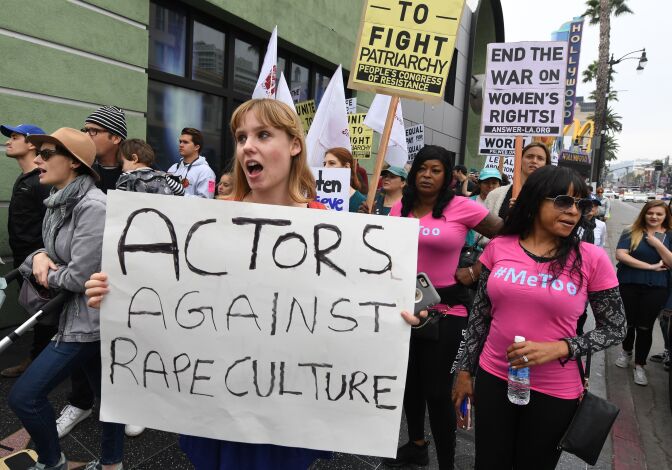 Victims of sexual harassment, sexual assault, sexual abuse and their supporters protest during a #MeToo march in Hollywood, California on November 12, 2017.
Several hundred women gathered in front of the Dolby Theatre in Hollywood before marching to the CNN building to hold a rally. / AFP PHOTO / Mark RALSTON        (Photo credit should read MARK RALSTON/AFP/Getty Images)