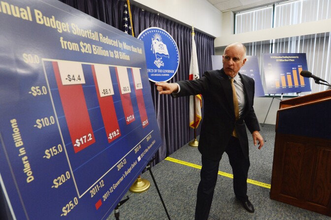 California Gov. Jerry Brown speaks during a news conference about the state budget on May 14, 2012 in Los Angeles, California.