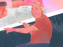 An illustration of the author's father, Lazare, holding a paint brush. The ship RMS Queen Mary is behind him, overlayed with images from the WWII in North Africa and a postcard note from Uncle Charly as his family set sail for the United States in 1961
