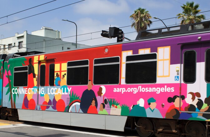 AARP commissioned this painting to wrap an LA Metro train as a way of highlighting the importance of transit to older people. The organization collaborated on Metro's first "Older Adult Transportation Expo."
