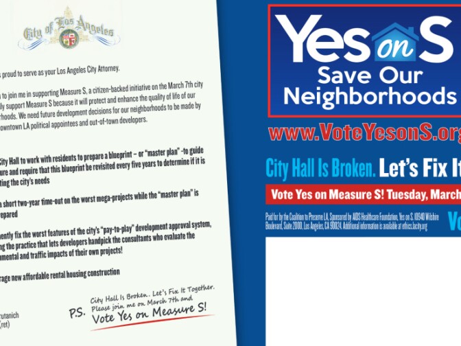 The LA City Attorney's Office has told Measure S campaigners to stop using a copy of the city seal on its mailers. 