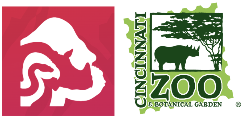 The emblem for the LA Zoo, on the left, has the silhouettes of a python, condor, rhino and gorilla in red and white. The Cincinnati Zoo emblem, on right, has a dark green rhino on a white background within a stamp motif that reads: Cincinnatir Zoo & Botanical Garden.