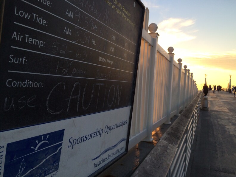 The lifeguard tower on Hermosa Beach's pier guides the public on surf conditions and tides throughout the day.