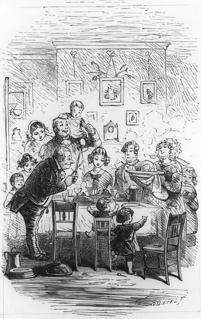 A black and white sketch of a family sitting around a dining table.
