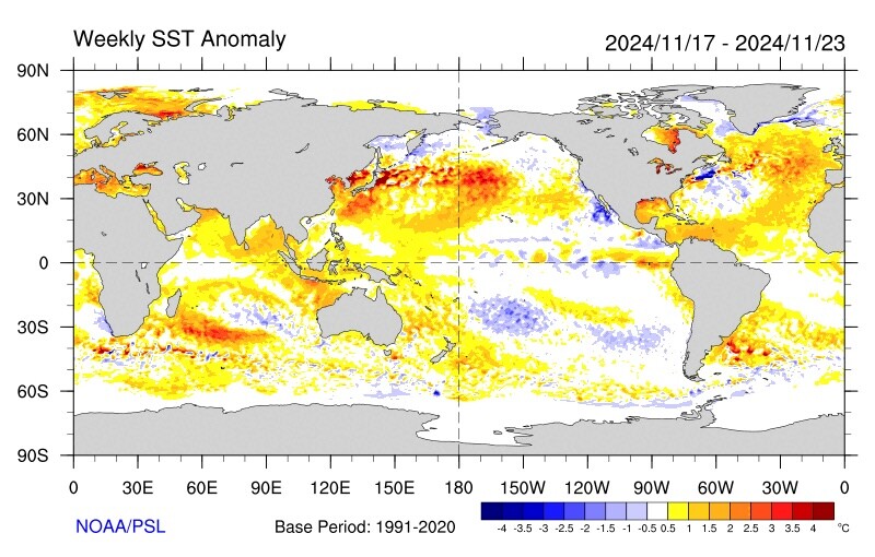 A map of earth showing hot blobs across our oceans.