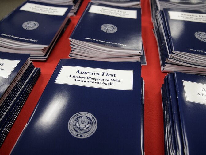 Copies of President Donald Trump's first budget are displayed at the Government Printing Office in Washington, Thursday, March, 16, 2017. Trump unveiled a $1.15 trillion budget on Thursday, a far-reaching overhaul of federal government spending that slashes many domestic programs to finance a significant increase in the military and make a down payment on a U.S.-Mexico border wall.