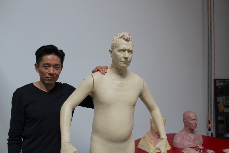 Artist Kazuhiro Tsuji with a cast of actor Gary Oldman.