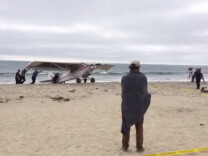 A small ad-toting plane crash landed on a beach in Carlsbad on July 4, 2015. 