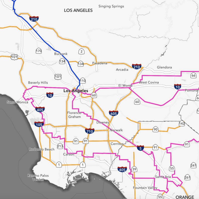 A map of the state's middle-mile network in L.A. County. The map, mostly in white, displays a network of colored lines that web across the county.