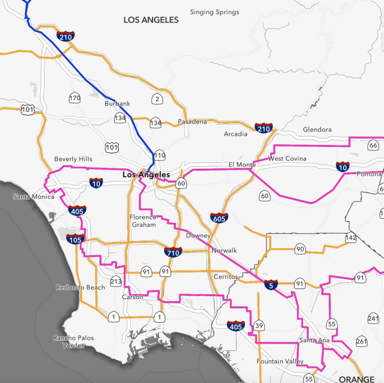 A map of the state's middle mile network in LA County.