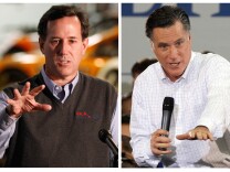 A Dec. 31, 2011 file photo Republican presidential candidate, former Pennsylvania Sen. Rick Santorum, left,  speaks during a campaign appearance in Knoxville, Iowa.  In a Jan. 2, 2012 file photo Republican presidential candidate former Massachusetts Gov. Mitt Romney speaks during a campaign stop in Clive, Iowa.
