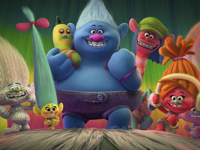 TRL_sq1975_s70_sq8011_s61_4K_RGB_FIN – From left: Poppy's best friends Fuzzbert, Guy Diamond (voiced by Kunal Nayyar), Smidge (voiced by Walt Dohrn), Mr. Dinkles, Biggie (voiced by James Corden), Cooper (voiced by Ron Funches), DJ Suki (voiced by Gwen Stefani) and The Fashion Twins, Satin & Chenille (voiced by Aino Jaiwo and Caroline Hjelt of Icona Pop) in DreamWorks Animation's TROLLS. Photo Credit: DreamWorks Animation.