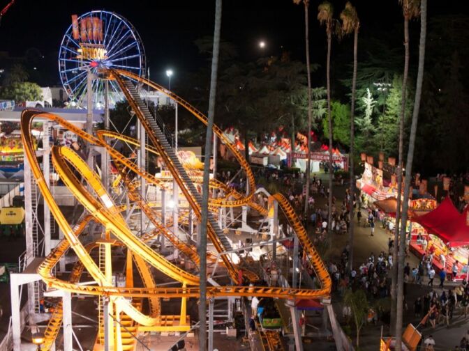 The L.A. County Fair carnival at night.