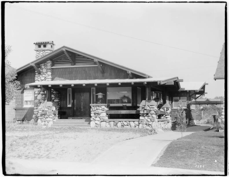 Exterior view of W.K. Mace's Craftsman-style bungalow, South Pasadena, ca.1900.