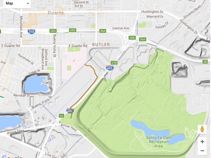 A map of the Emerald Necklace Gateway in Duarte.