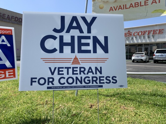 Lawn sign reads "Jay Chen: Veteran for Congress"