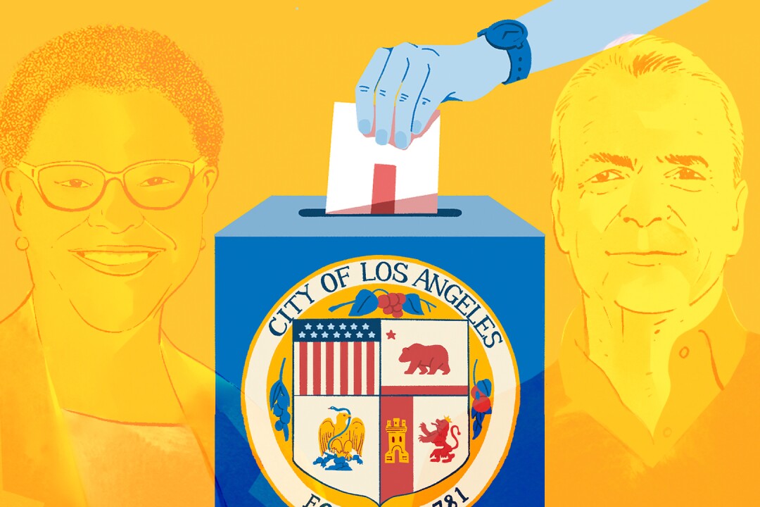 An illustration depicts mayoral candidates Karen Bass and Rick Caruso smiling in front of a ballot box.