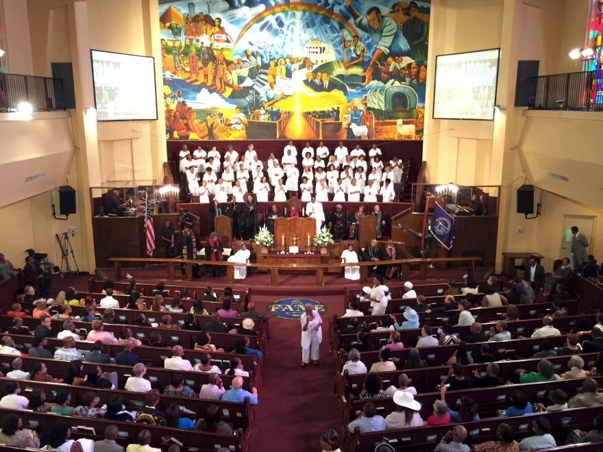 Church members gather at the first Sunday service after the shooting massacre in Charleston, South Carolina. The First African Methodist Episcopal Church in South L.A. dedicated much of the service to remembering those who died. 