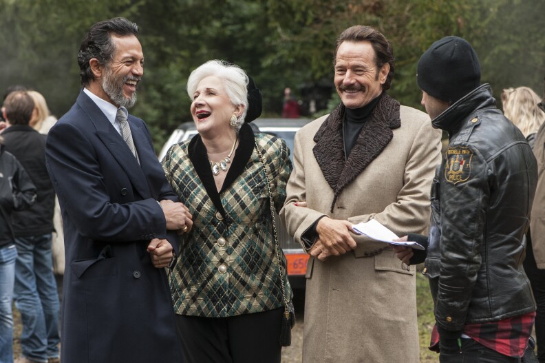 TI_D030_LD_00059_R_CROP(l to r) Actors Benjamin Bratt, Olympia Dukakis, Bryan Cranston and Director Brad Furman enjoy a moment of levity behind the scenes on the set of THE INFILTRATOR, a Broad Green Pictures release.Credit: Liam Daniel / Broad Green Pictures