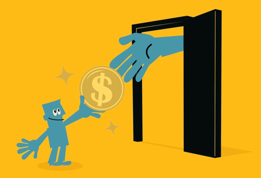 A drawing with a little person holding up a big golden coin with a $ sign in the center, with a big hand grabbing it from behind a door.