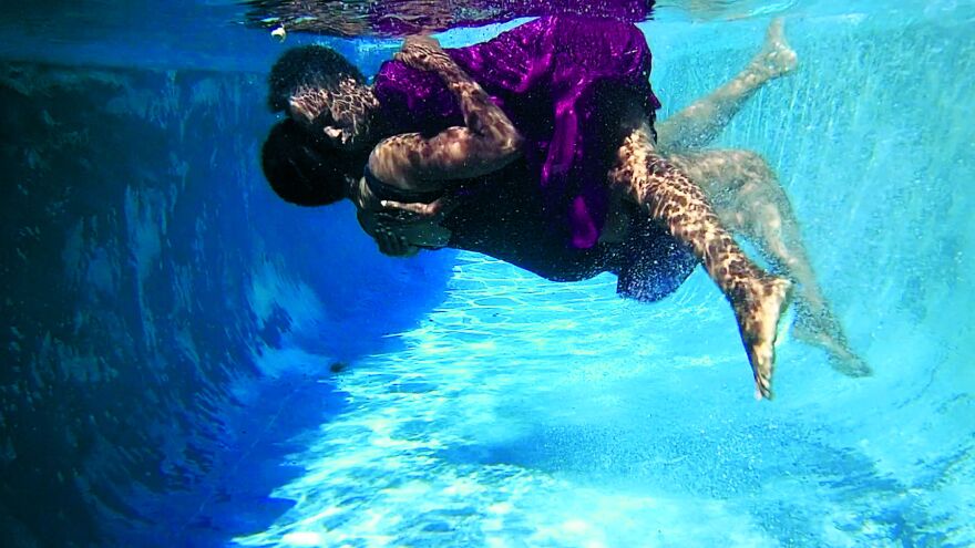 A still from the single-channel video installation "Falling to get here" (2017) by Suné Woods, part of the 2018 Made in L.A. exhibition.