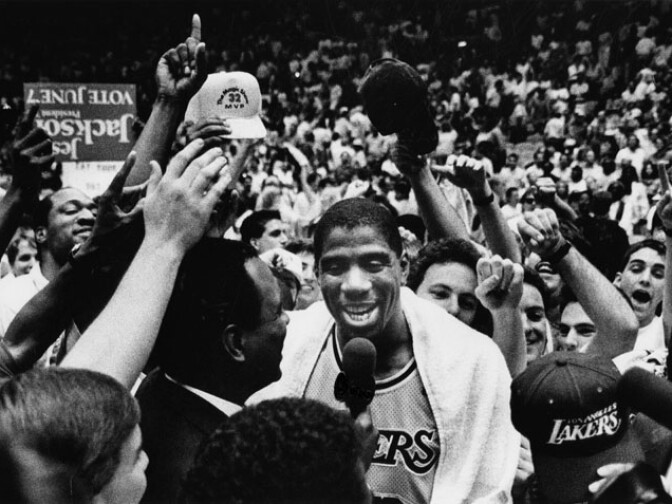 Laker fans cheer for Magic Johnson at The Forum in 1988. 