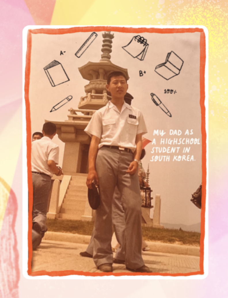 A photo of a teenage boy in khakis and a white shirt, with illustrations of books, notebooks, pencils and pens above his head.
